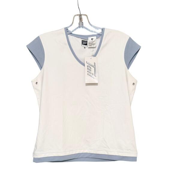 NWT Tail Activewear White Blue Trim V-Neck Short Sleeve Performance Top S - Picture 1 of 5